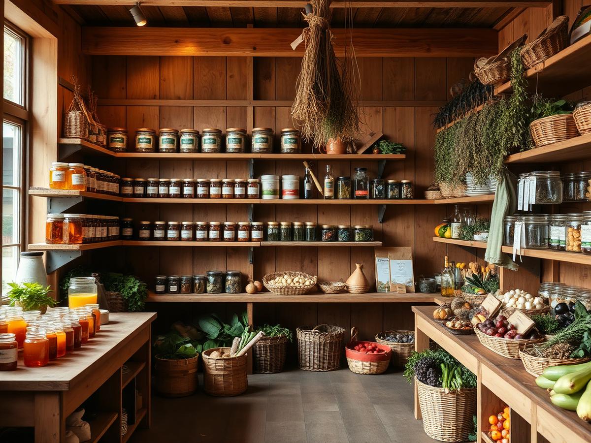 Interiér útulného farmářského obchodu s regály plnými bio produktů