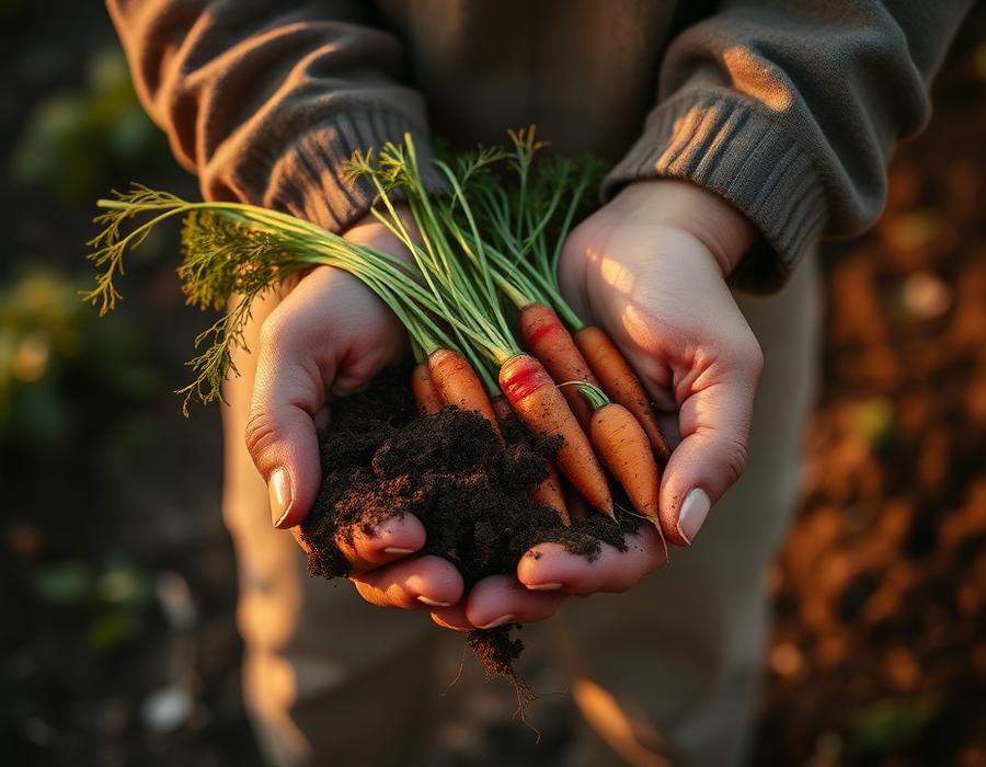 Ruce farmáře držící čerstvě vytaženou mrkev s hlínou